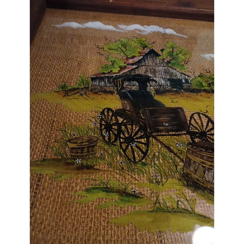 Vintage Rustic Hand Painted 1987 Folk Art with Old Wood Frame‎ Wall Hanging